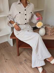 Livesso 女士纯色翻领纽扣休闲连体裤，阔腿长袖连身裤 - 米色 - 查看 5