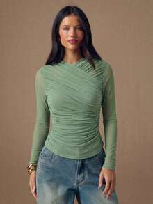 SHEIN BAE 女士纯色短袖交叉裹身长袖修身T恤 - 薄荷綠 - 查看 7