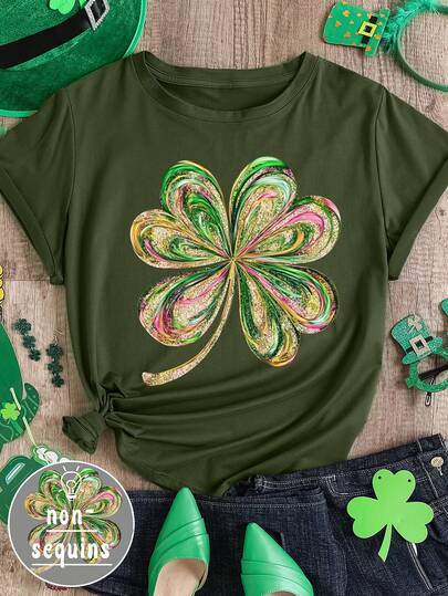 EMERY ROSE Sweet And Cool Style Glittering Four-Leaf Clover Lucky Charm Printed Casual Plus-Sized T-Shirt