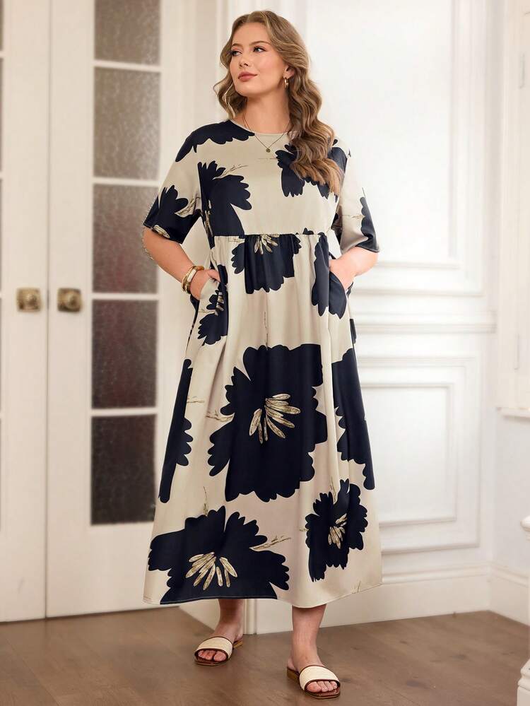 Plus Size Short Sleeve Waist Pleated Split Side Dual Pocket Music Festival Bohemian Floral Print Dress For Women, Suitable For Spring & Summer Summer Dresses For Women Vacation Outfits Woman,Maxi Dress Floral Maxi Dress Plus Size Floral Maxi Dress Summer Dresses For Women,Flowy Dress,Flower