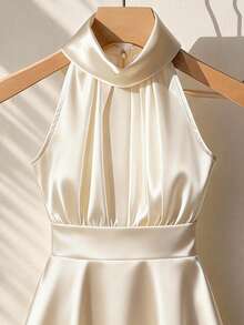 GlowEve 女士优雅无袖缎面迷你连衣裙，立领A字廓形，适合春夏穿着 - 杏色 - 查看 4