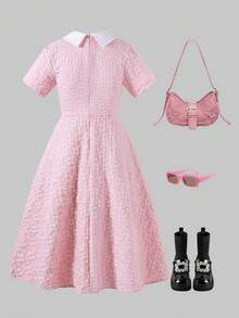 SHEIN ChillGRL Diamond Collar, Jacquard Textured Fabric, French Style, A-Line Maxi Skirt, Elegant High Waist Snug Fit, Fashionable & Graceful For Teenage Girls In Summer - Pink - View 5