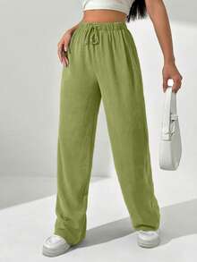 SHEIN Unity Pantalones casuales anchos de cintura con cordón de unicolor para mujer - Verde Oliva - Ver 4