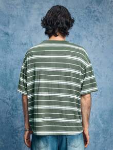 ROMWE MEN Prep Men's Striped Print Casual Versatile Short Sleeve Henley T-Shirt - Green - View 3