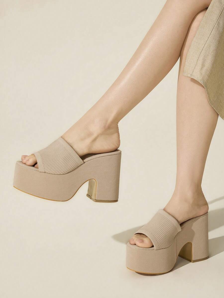 CUCCOO BASICS Sandal Selop Hak Steak Terbuka untuk Wanita, Bernapas, Cocok untuk Pesta Musim Semi/Panas, Hak Tinggi, Hitam, Natal - Aprikot 1 - View 1