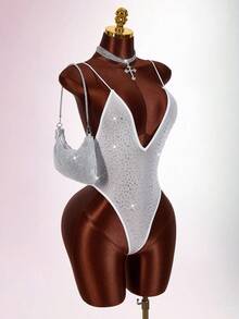 Amplova Rhinestone Glitter Backless Sheer Sexy Bodysuit For Party - White - View 5