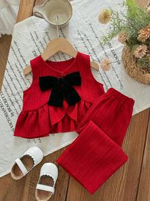 SHEIN LMoss Kids 女婴可爱休闲红色绉纱蝴蝶结装饰吊带背心和松紧腰裤套装 - 紅色 - 查看 5