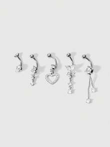 ROMWE Kawaii 5pcs Stainless Steel Bent Rod Belly Button Rings Set With Sparkly Rhinestone Butterfly Heart Flower Combination Shape Women Belly Chain Pendant Piercing Jewelry For Daily Wear Valentines - Silver - View 7