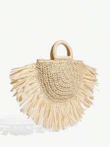 SHECARRY Tassel Teenagers Handbag, Wicker Bag - Off-white - View 3