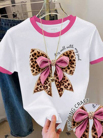 Resyla Women's Color Block Round Neck Letter & Bow Print Casual Versatile Daily Short Sleeve T-Shirt