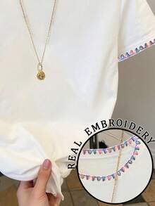 Resyla 女士休闲撞色刺绣边饰短袖T恤，夏季 - 白色 - 查看 3