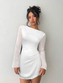 Aloruh Elegant Bow Tie Backless Sexy Glitter Fabric Fitted Mini Dress,White Dresses For Women - White - View 5