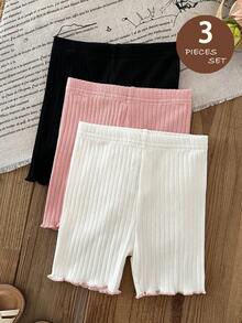 LMoss Kids 3件套女婴针织纯色荷叶边休闲裤套装 - 彩色 - 查看 6