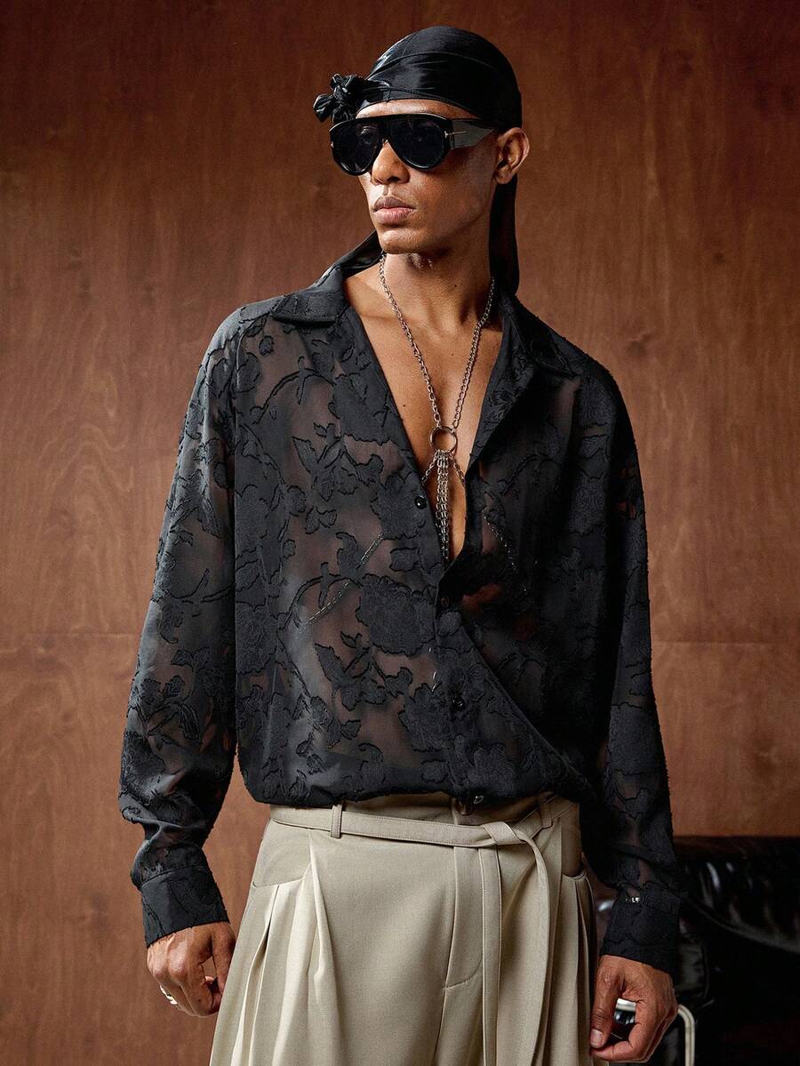 AKNOTIC Business Casual 男士梭织半透明镂空长袖休闲衬衫 - 黑色 - 查看 1