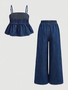 Firerie Kids 两件套少女时尚休闲 Y2K 复古酷炫街头风，深蓝色牛仔吊带背心搭配弹力腰带宽松舒适牛仔裤，两件套童装，适合少女日常穿着，也适合春夏派对、节日和街头服饰。 - 藍色 - 查看 2
