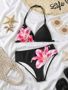 SHEIN 少女休闲简约黑色芙蓉花、火焰百合、百合印花沙滩度假风挂脖比基尼泳装套装，适合夏季穿着 - 黑色 - 查看 1