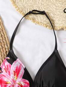 SHEIN 少女休闲简约黑色芙蓉花、火焰百合、百合印花沙滩度假风挂脖比基尼泳装套装，适合夏季穿着 - 黑色 - 查看 4