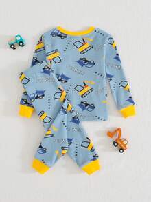 Cozy Pixies 2pcs Baby Boy Cartoon Car Print Soft Knit Crew Neck Long Sleeve Top And Elastic Waist Long Pants Snug Fit Pajama Set - Multicolor - View 2