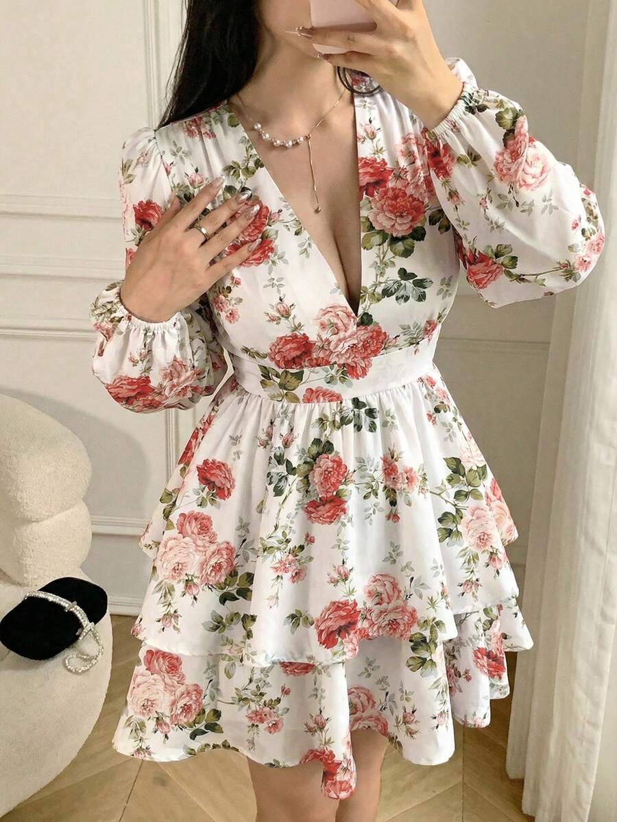 Celisse Women's Spring/Summer Sexy Vacation Floral Print Deep V-Neck Lantern Sleeve Waist Cinched Multi-Tier Hem Dress - Multicolor - View 1