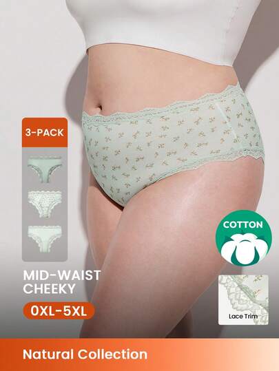 LUVLETTE Plus 3-Pack Lace Trim Cotton High-Waist Basic Cheeky Women Underwear Panties Set- Floral Print Lace Trim-Green