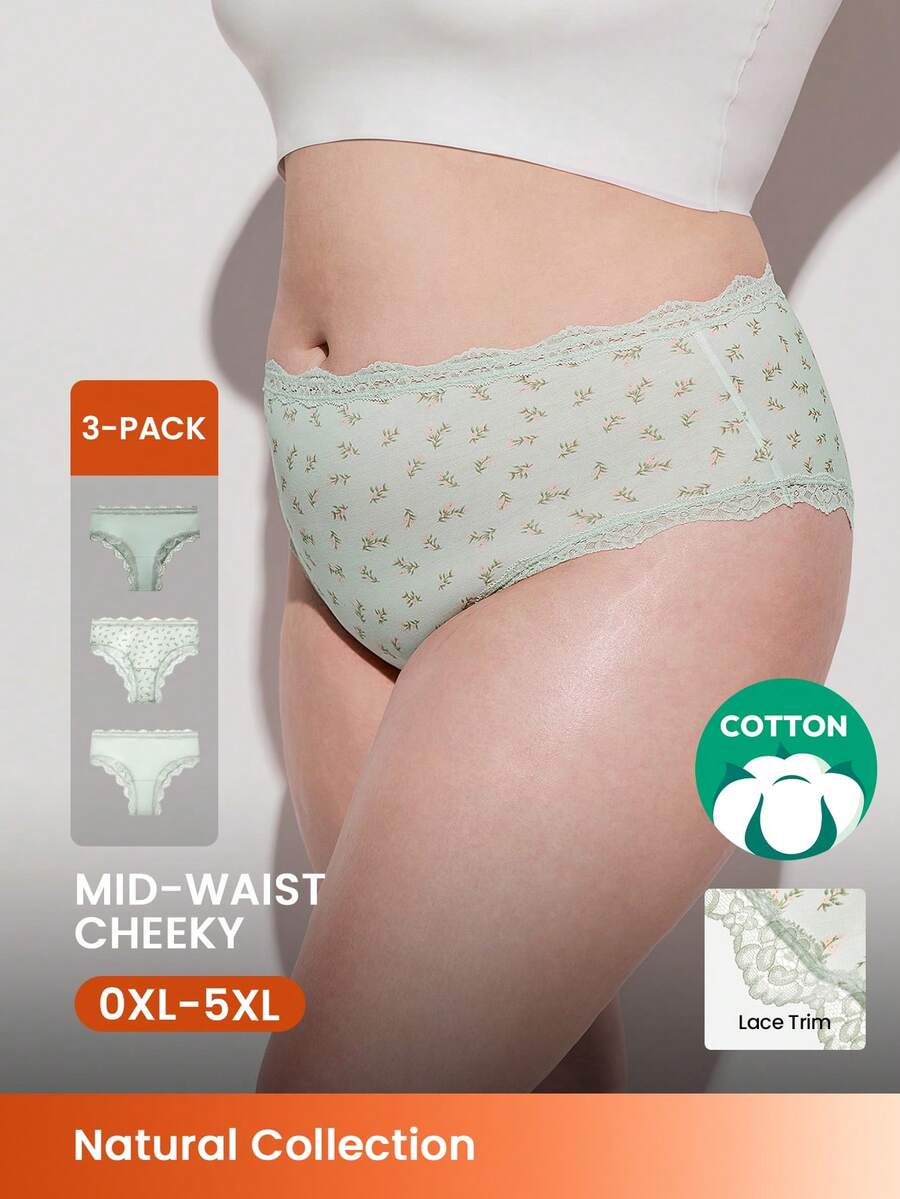 LUVLETTE Plus 3-Pack Lace Trim Cotton High-Waist Basic Cheeky Women Underwear Panties Set- Floral Print Lace Trim-Green - Multicolor - View 1