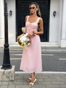 Pariaura Women's Pink And White Ditsy Floral Spaghetti Strap Maxi Dress,Elegant Summer French Style Tie Front Waist Cinching Midi Sundress For Brunch Vacation - Pink - View 1