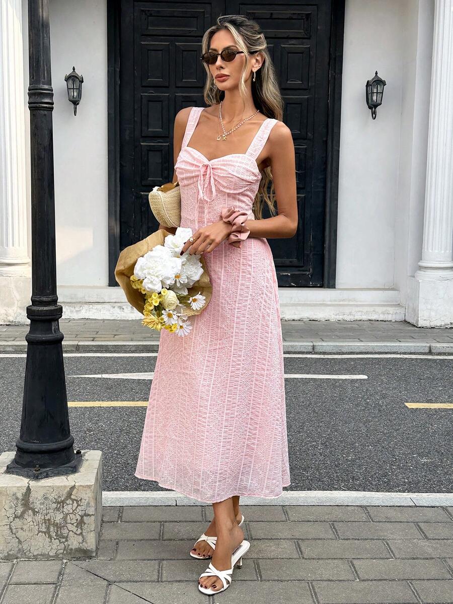 Pariaura Women's Pink And White Ditsy Floral Spaghetti Strap Maxi Dress,Elegant Summer French Style Tie Front Waist Cinching Midi Sundress For Brunch Vacation - Pink - View 1
