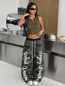 SHEIN PETITE 夏季小码女士休闲阔腿牛仔裤，双腰设计，妈妈款牛仔裤，牛仔牛仔裤，喇叭裤，低腰宽松牛仔裤，保暖衣物，冬季女裤，感恩节穿搭，小码宽松牛仔裤 - 軍綠色 - 查看 4