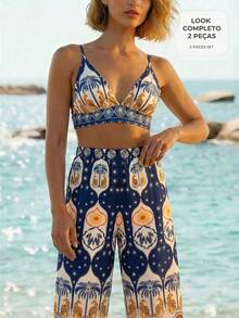 CAJUNI Set di canotta corta e pantaloncini con stampa di palme, adatto per vacanze - Multicolore - Visualizzare 3
