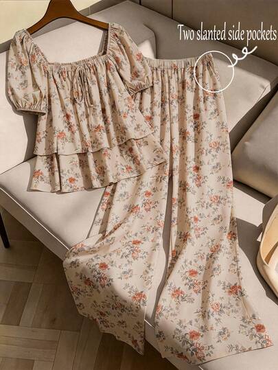 GlowEve CURVE Plus Size Women's Gentle Ditsy Floral Square Collar Puff Sleeve Layered Ruffle Cuff Blouse + Elastic Waist Wide Leg Pants Set, Casual Commute Daily Vacation 2-Piece Outfit, Summer New