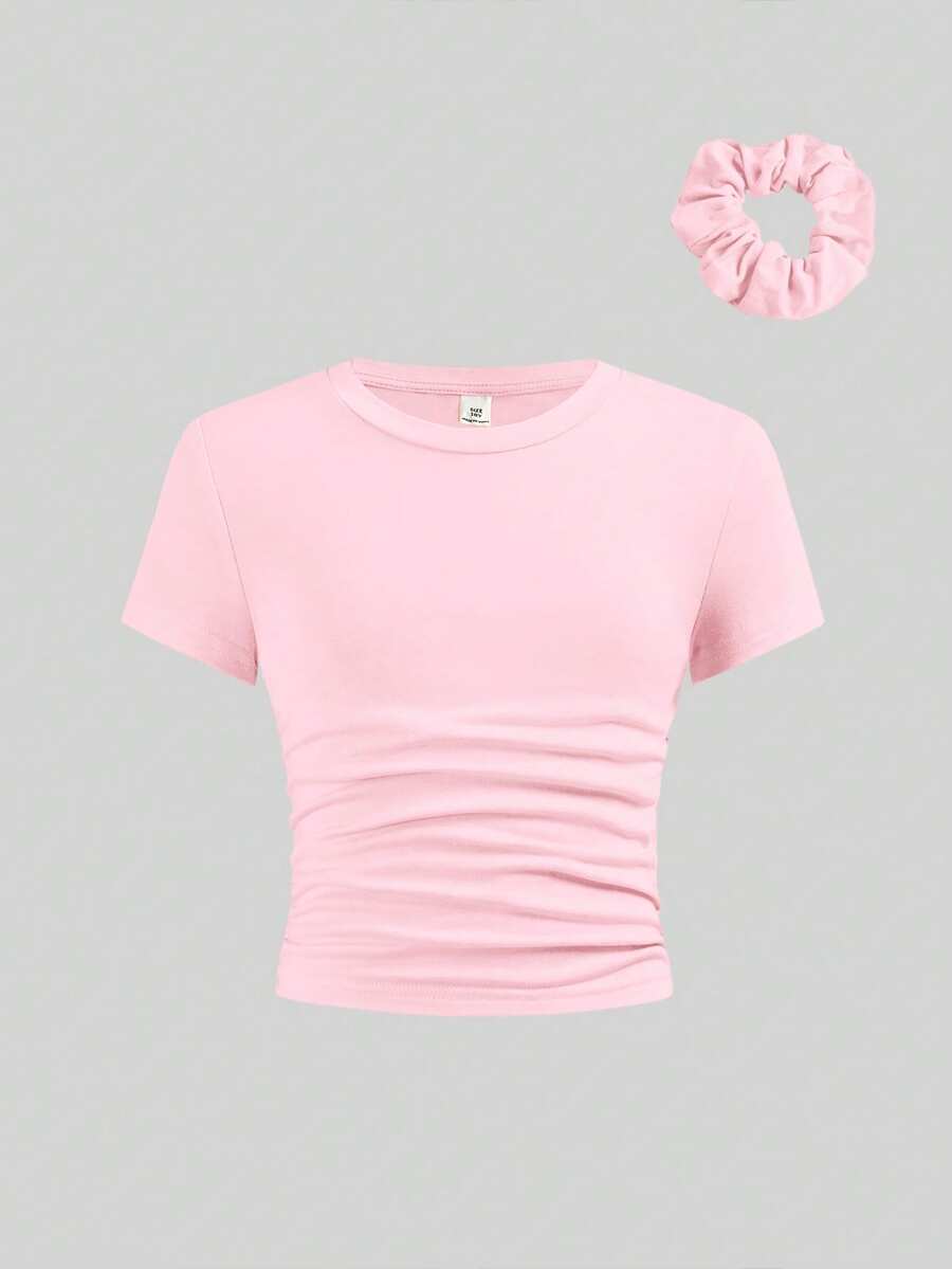 SHEIN Girlism Tween Girls' Fitted Casual Round Neck Short Sleeve T-Shirt With Side Ruffle And Hair Scrunchie - Baby Pink - View 1