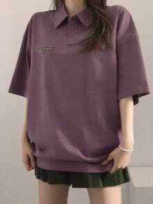 DAZY Women's Distressed Collar Half-Zip Emblem T-Shirt Summer - Purple - View 2