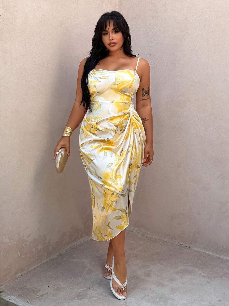 Plus Size Women's New Vintage Cute Romantic Camisole Cup Design Irregular Hem Ruffle Print Fitted Cami Dress, Suitable For Daily Wear, Back To School, Birthday, Date, Music Festival, Beach, Spring & Summer - Multicolor - View 1