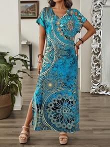 Faunlyn 女士復古花卉印花V領蝙蝠袖休閒夏季長裙，長款女裝 - 彩色 - 查看 5