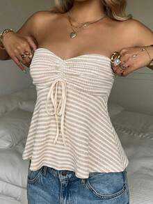 CovetEZ Apricot Knitted Striped Ruched Bandeau Top, Summer - Apricot - View 6