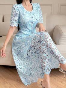 DAZY Women's Elegant Floral Lace Round Neck Pocket Shirt & Skirt 2 Pieces Set, Summer - Blue - View 4