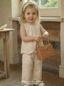 Cozy Pixies Babygirl Cute Summer Vacation White Floral Embroidery Loose Camisole And Elastic Waist Pants Set - Apricot - View 5