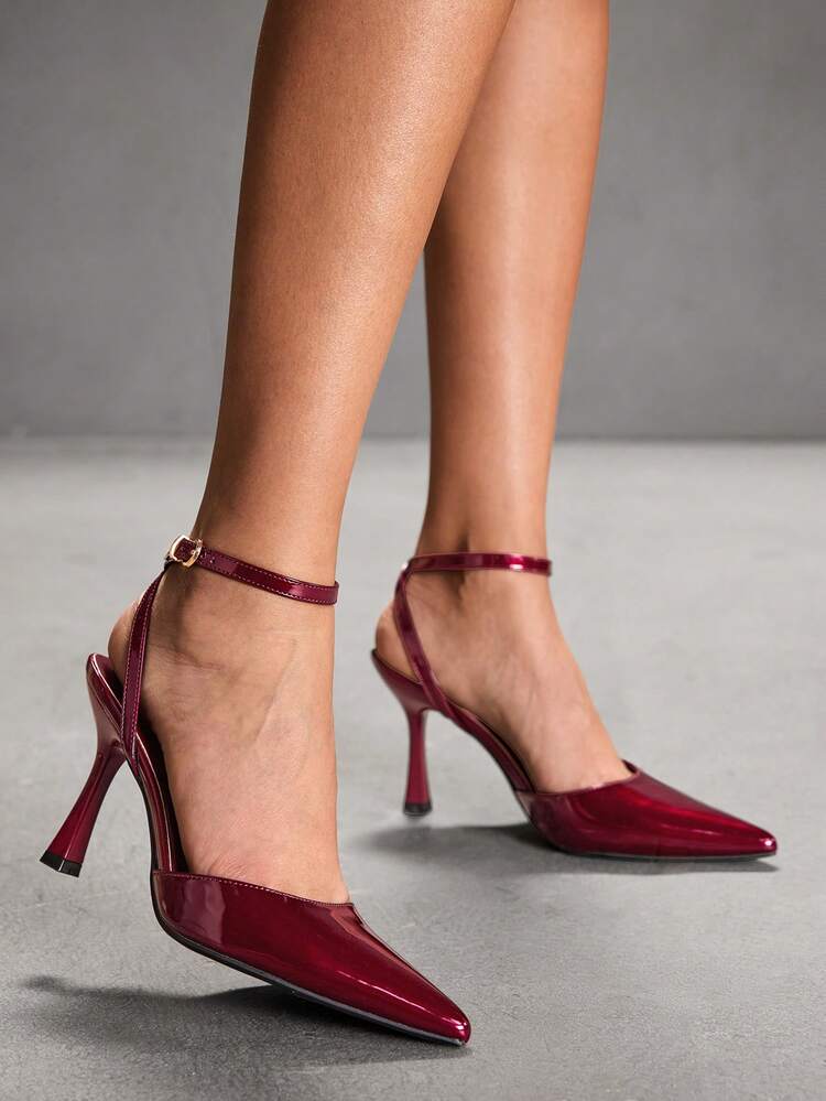 CUCCOO SZL Women Shoes Pointed Thin High Heel Burgundy Ankle Strap Empty Women's High Heel Shoes Simple Temperament Fashion Sexy Party Banquet Women's High Heel Shoes Women's Shoes Spring Shoes