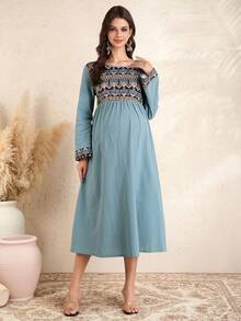 Momance 孕妇长袖圆领A字连衣裙，数码印花连衣裙 - 薄荷綠 - 查看 6