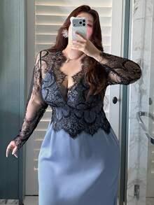 Dazy Plus Elegant maxiklänning med sjöjungfrukant och kontrasterande spets, vår/sommar - Blå - Visa 9