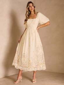 Enchnt Đầm dài thanh lịch in hoa, thắt eo, thích hợp cho mùa hè. - màu xanh lá - Xem 6