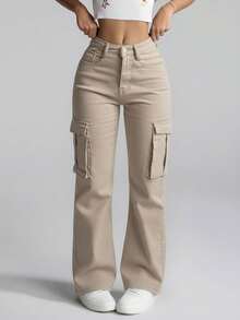 Pantalones de Mezclilla Cargo Negro de cintura alta y bolsillos utilitarios , un estilo versátil de moda para toda ocasión - Beis - Ver 10