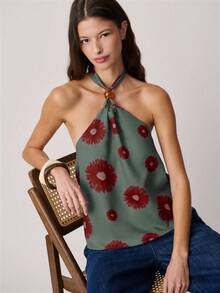 Nöista 花卉图案露背吊带上衣，宽松飘逸的廓形，领口饰有醒目的圆环细节。一款别致的夏季上衣。 - 綠色 - 查看 3