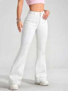 SHEIN PETITE Quần jeans ống loe trơn màu dành cho nữ, kiểu dáng tối giản, có đai lưng, thích hợp cho mùa hè. - trắng - Xem 5