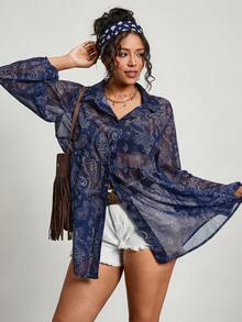 SHEIN CURVE+ 大码女式休闲灯笼袖印花衬衫，适合春、秋、冬三季穿着/秋季/冬季/2026/新年 - 彩色 - 查看 6