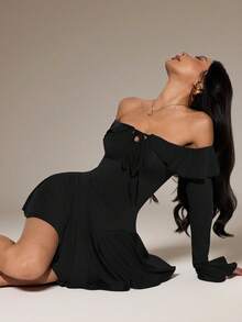 SHEIN PETITE Váy dài tay trễ vai màu đen trơn thanh lịch cho kỳ nghỉ hè trên bãi biển, thích hợp cho hẹn hò hàng ngày, đi chơi đêm, hộp đêm, tiệc tùng, tụ tập, tiệc cocktail, váy dự tiệc ngày lễ, tiệc hồ bơi - màu đen - Xem 12