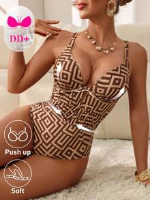 Swim DD+ 1pc Women's DD+ Cup Sexy Gathered Underwire Waist Drawstring Slimming Printed One-Piece Swimsuit, Spring/Summer - Multicolor - View 5