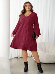 SHEIN CURVE+ Đầm ngắn tay dài cổ chữ V màu nâu, chất liệu dệt kim mềm mại, cỡ lớn dành cho nữ, thích hợp cho mùa thu đông. - Màu Đỏ Sâu - Xem 8