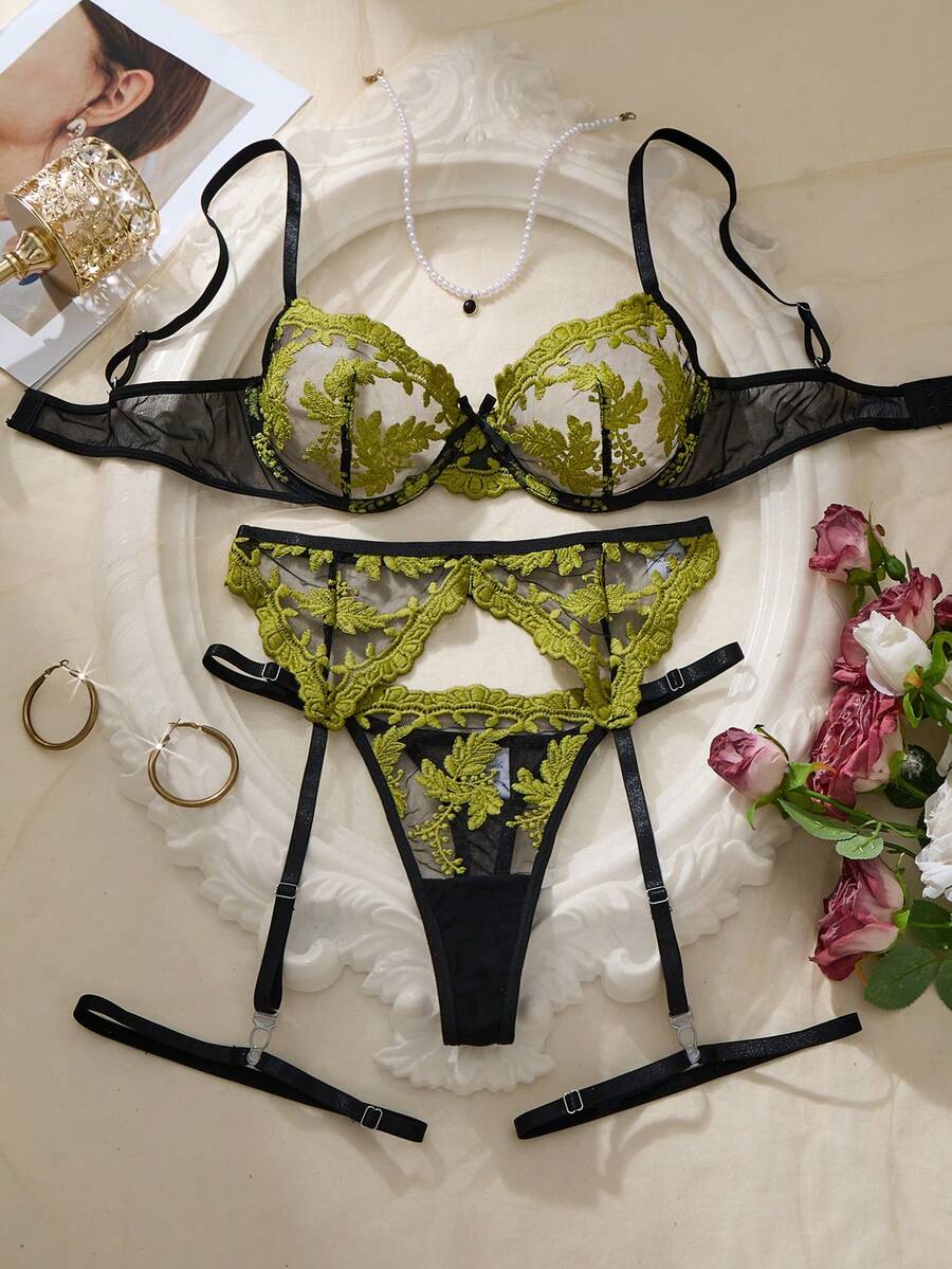 Women Floral Embroidery Spaghetti Strap Bra, Thong Panty, Garter Belt & Leg Garter Sexy Lingerie Set, Daily Wear - Olive Green - View 1