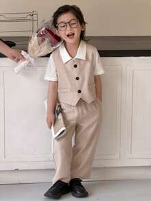 DAZY 男童单排扣背心上衣搭配松紧腰阔腿裤时尚套装，适合演出、主持、派对等多种场合。 - 卡其色 - 查看 2